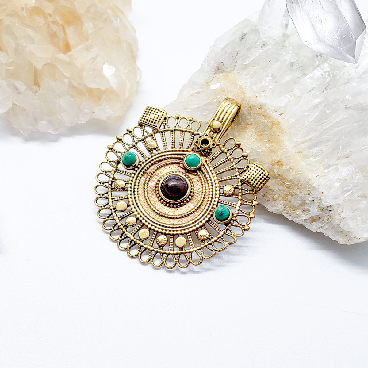 Recycled Brass Bejeweled Statement Pendant - Turquoise & Tigereye Gemstone (ONLY 1 LEFT)