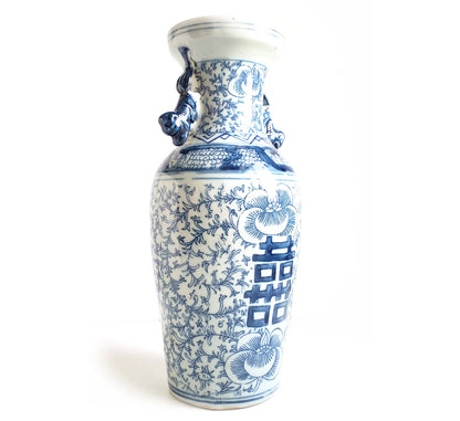 Blue & White Chinoiserie Handpainted Double Happiness Vase