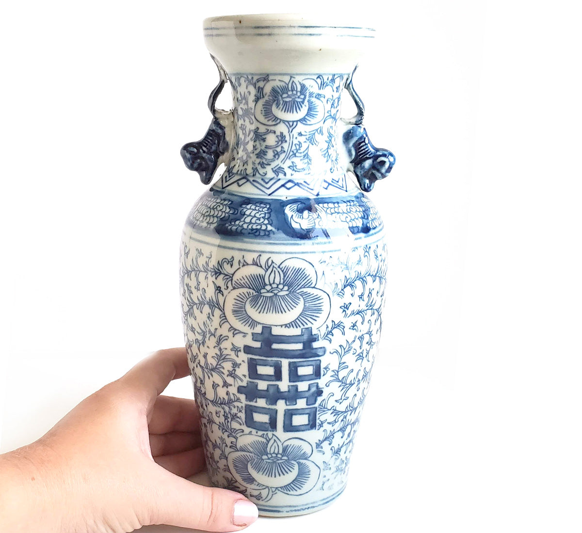 Blue & White Chinoiserie Handpainted Double Happiness Vase