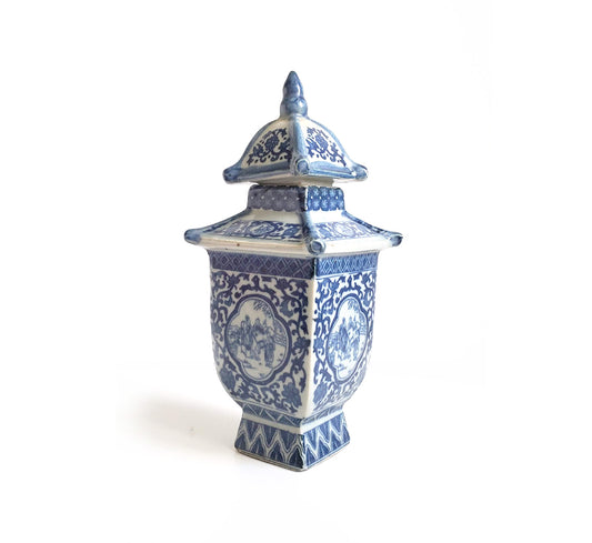 Blue & White Chinoiserie Handpainted Mini Pagoda Vase - LAST ONE